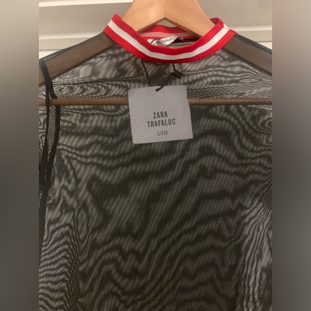 SOLD!! NWT ZARA Women’s Black Sheer Red White Collar Top Blouse Shirt Small S - Picture 5 of 7
